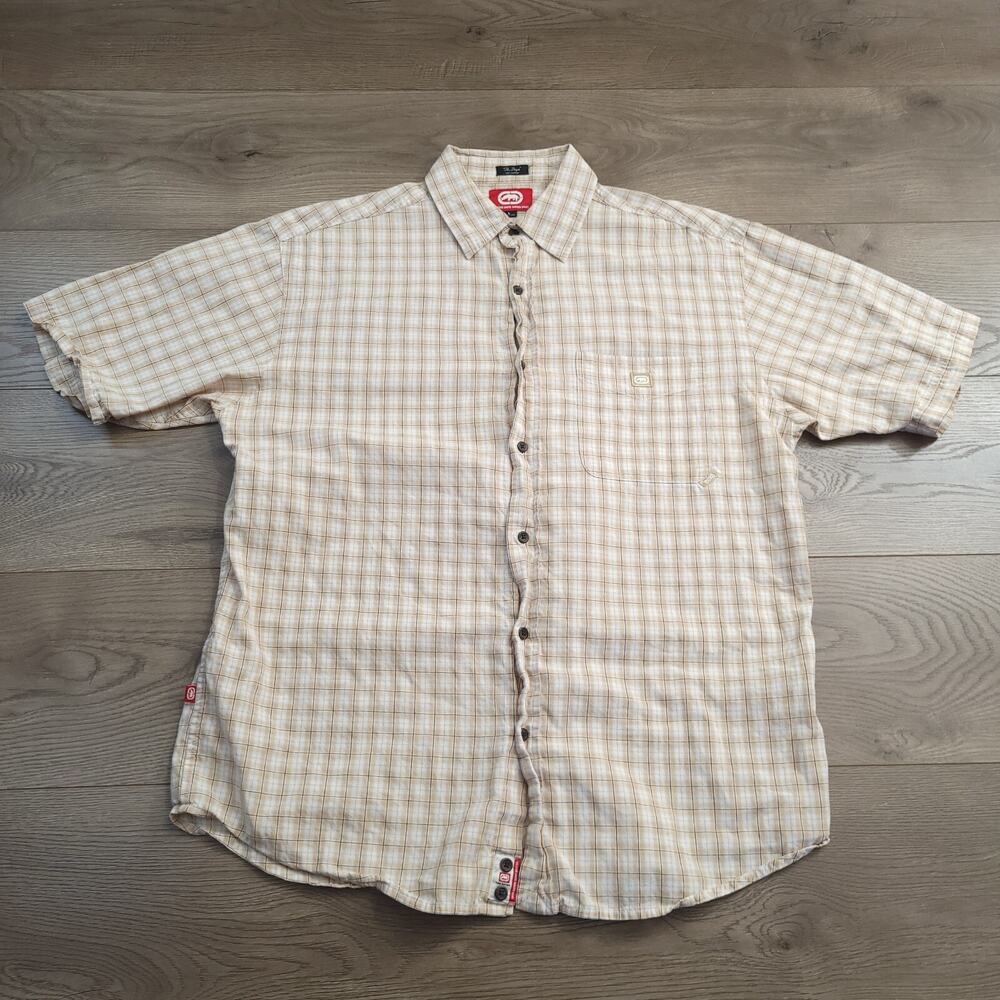 Ecko Shirt Mens Large Beige Plaid Preppy Short Sleeve Normcore Casual Streetwear